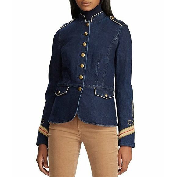 Lauren Ralph Lauren Officer Military Denim Gold trim jacket blazer Blue 12
